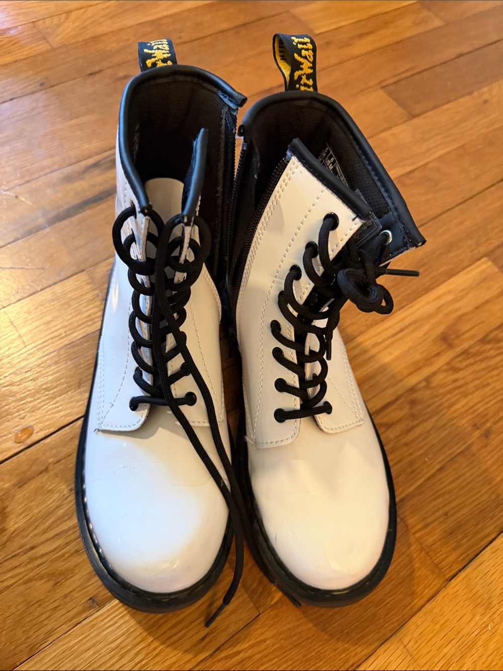 Dr. Martens White Patent Lace-Up Combat Boots with Black Trim